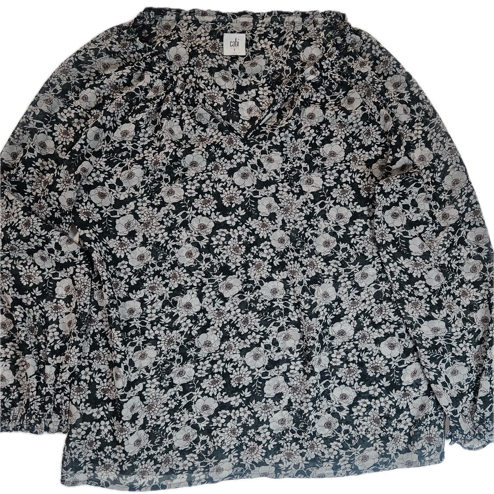 Cabi Blouse‎ Womens Small Black White Floral Long Sleeve Pullover Top Style 5265